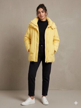 Women's Bright Yellow Puffer Jacket with High Collar